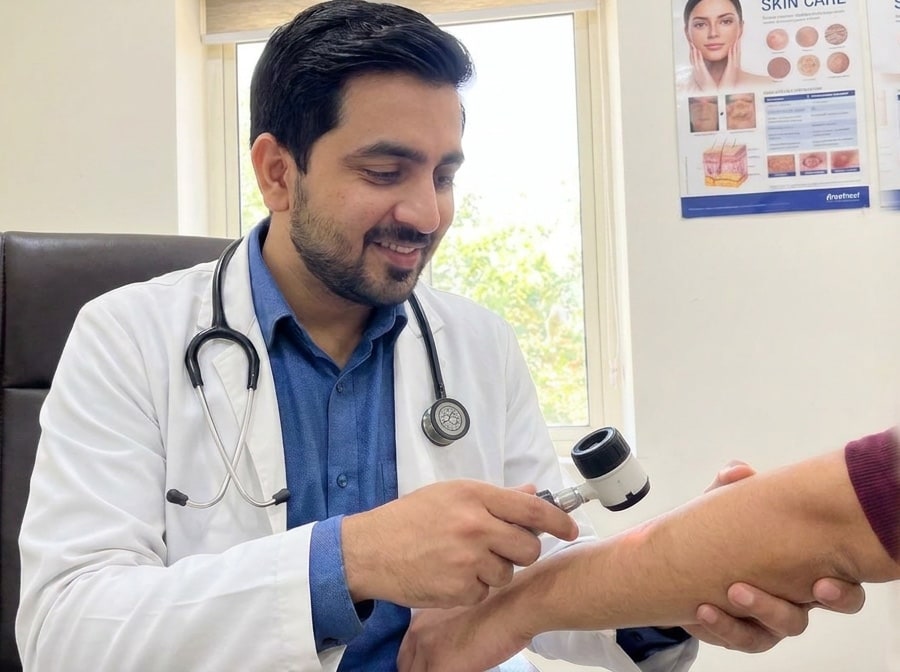 Dr. Raghvendra Pratap Singh, MBBS MD (Skin & VD), performing a dermatoscopic skin examination at MySkin Clinic in Orai